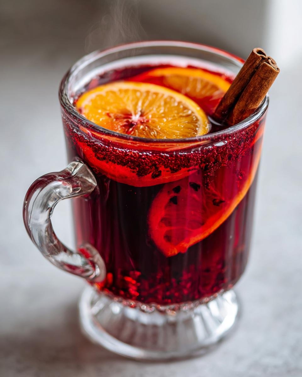 Close-up of steaming Hot Spiced Cranberry Apple Punch garnished with orange slices and a cinnamon stick.