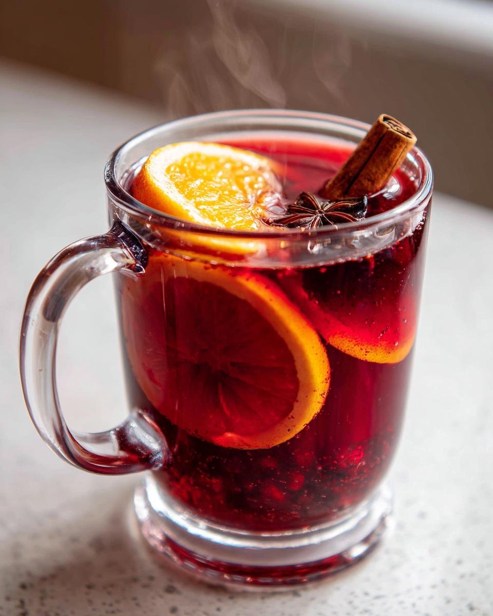 Close-up of steaming Hot Spiced Cranberry Apple Punch garnished with orange slices, cinnamon stick, and star anise.