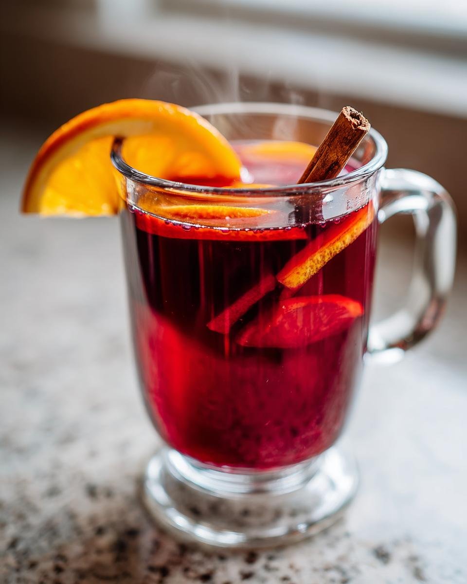 Close-up of steaming Hot Spiced Cranberry Apple Punch garnished with an orange slice and cinnamon stick.