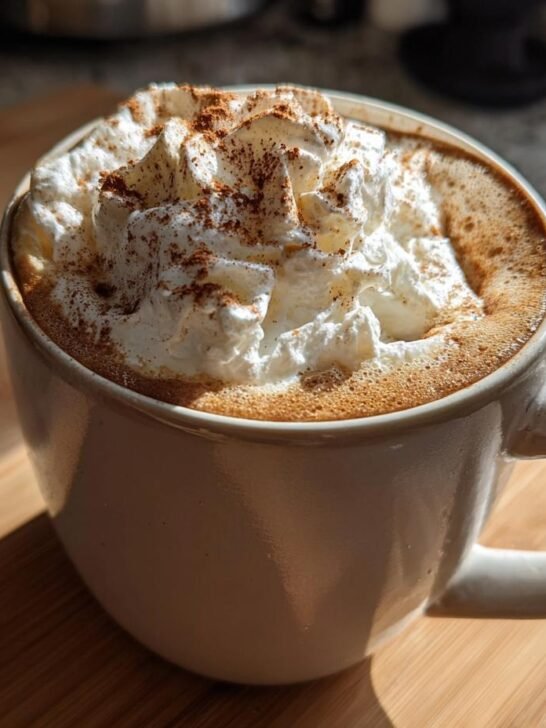 A close-up of a Hot Spiced Gingerbread Latte topped generously with whipped cream and a dusting of cinnamon.