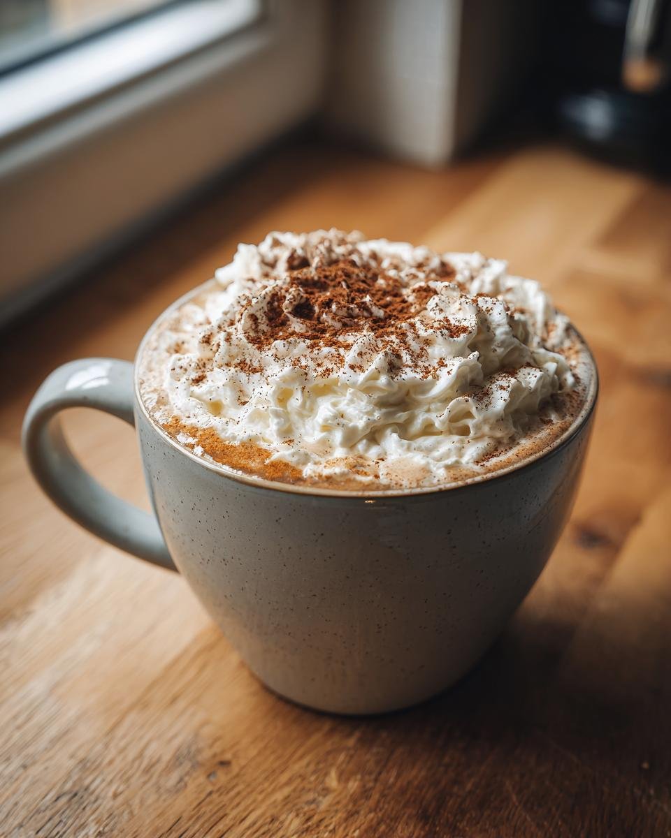 Close-up of a Hot Spiced Gingerbread Latte topped high with whipped cream and dusted with cinnamon.