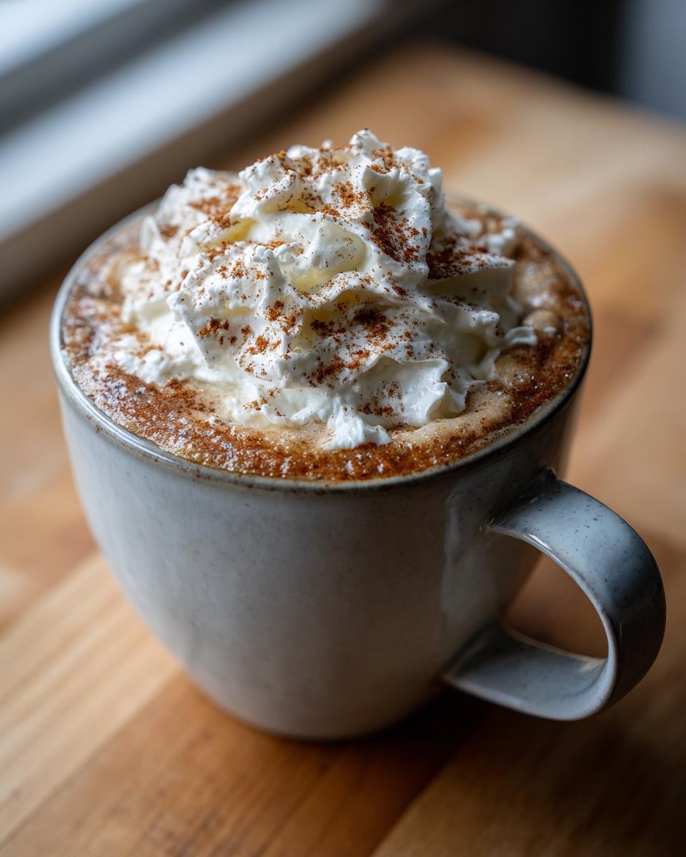 A close-up of a Hot Spiced Gingerbread Latte topped with a generous swirl of whipped cream and cinnamon.
