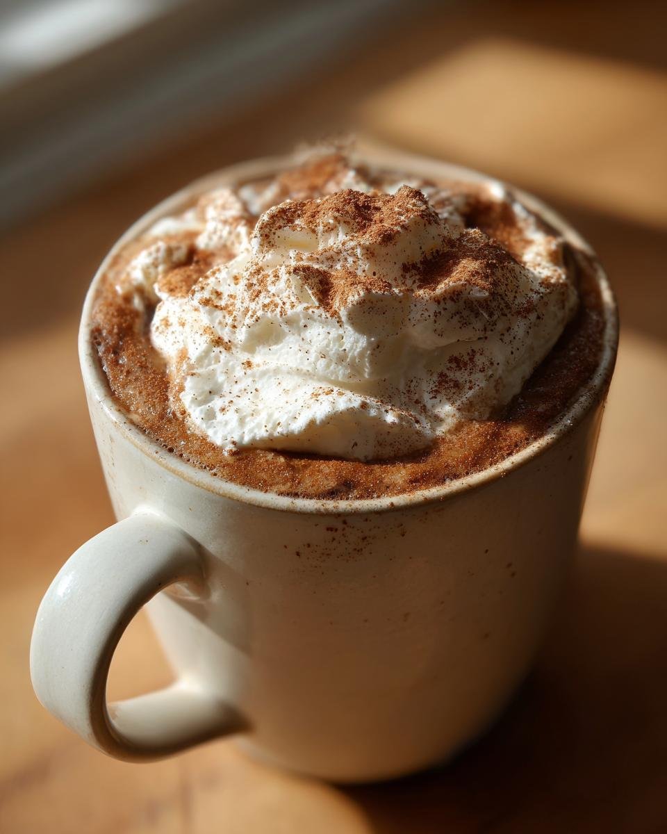 Close-up of a Hot Spiced Gingerbread Latte topped with whipped cream and cinnamon.