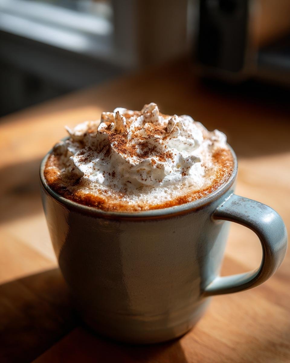 A close-up of a Hot Spiced Gingerbread Latte topped with whipped cream and cinnamon.