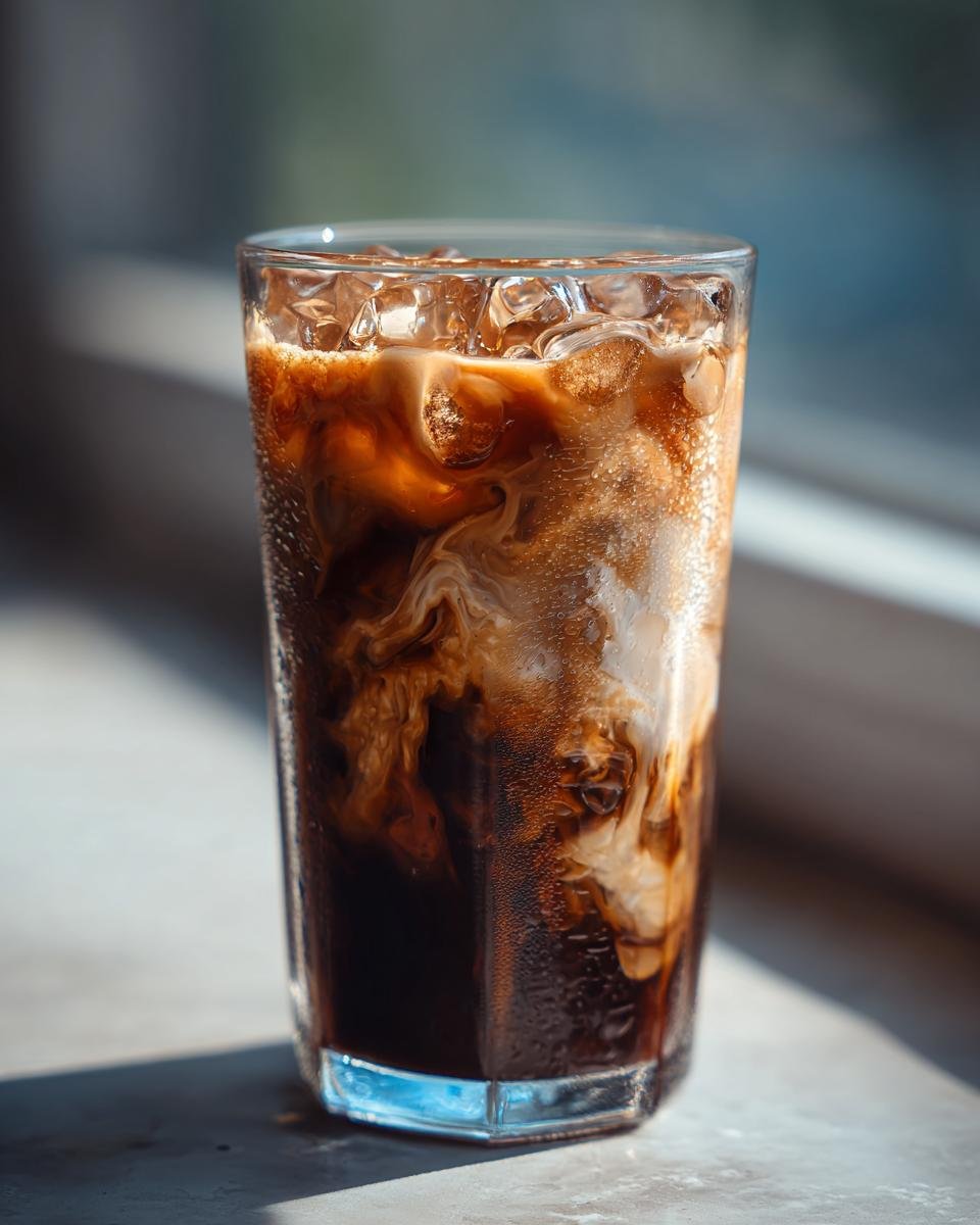 Close-up of an Iced Brown Sugar Oat Milk Latte showing rich swirls of coffee and oat milk.