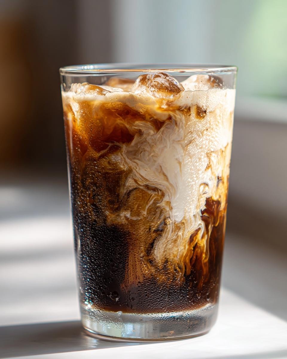 Close-up of an Iced Brown Sugar Oat Milk Latte with creamy oat milk swirling into dark coffee over ice.