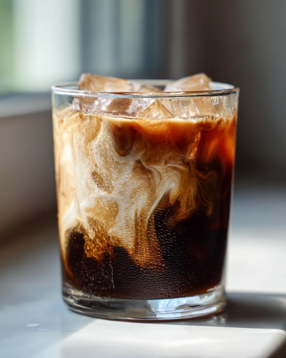 Close-up of an Iced Brown Sugar Oat Milk Latte showing creamy oat milk swirling into dark espresso.
