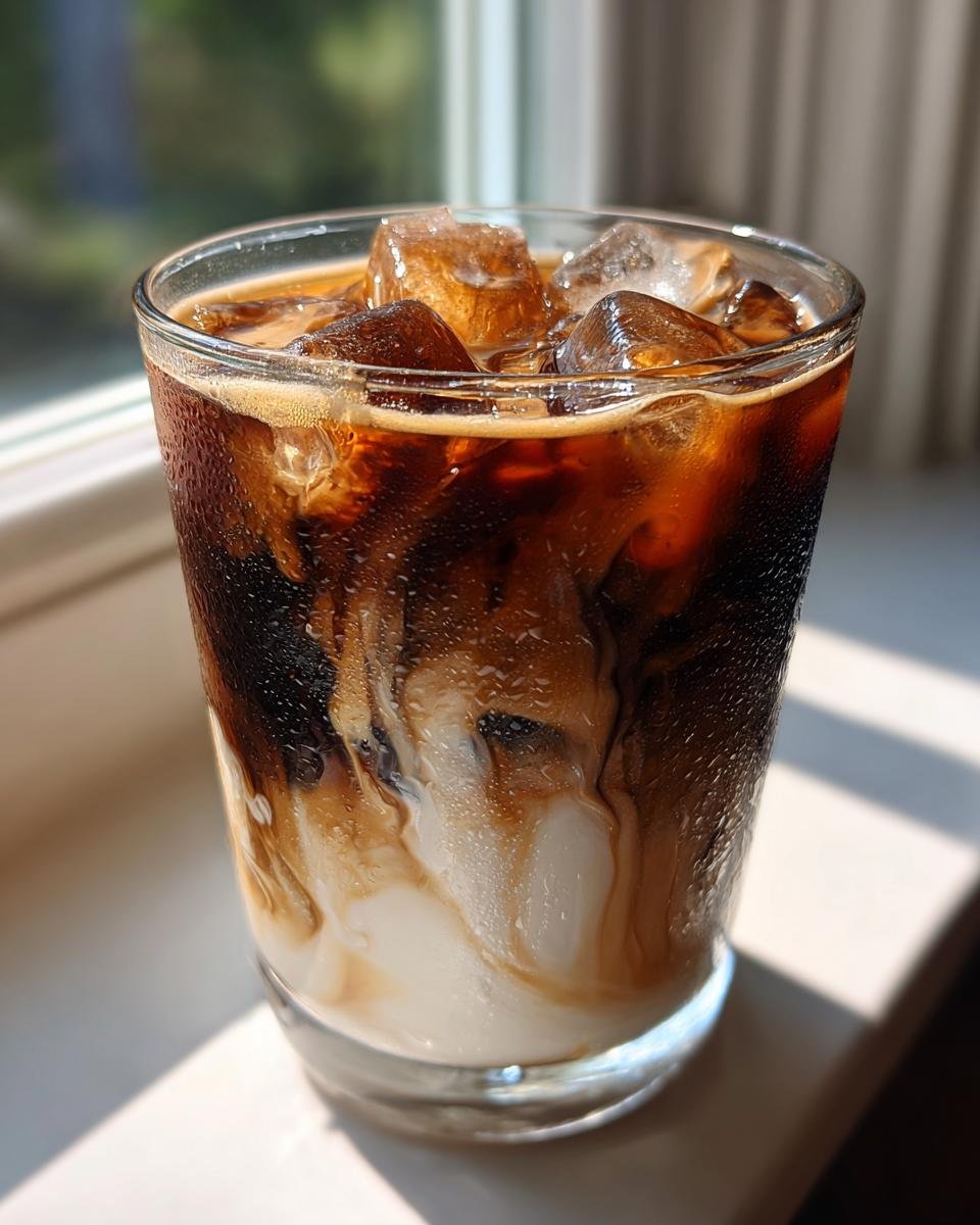 Close-up of a refreshing Iced Brown Sugar Oat Milk Latte with swirling layers of coffee and oat milk over ice cubes.