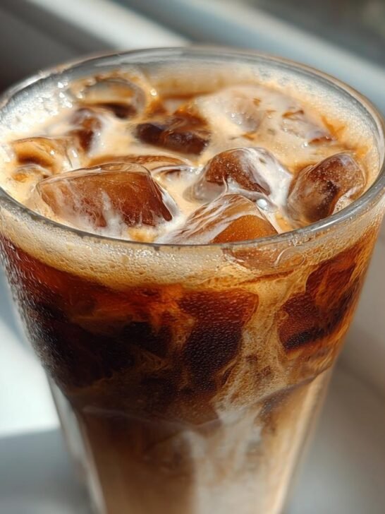Close-up of a tall glass filled with an Iced Brown Sugar Oat Milk Latte, showing ice cubes and swirling layers of coffee and oat milk.