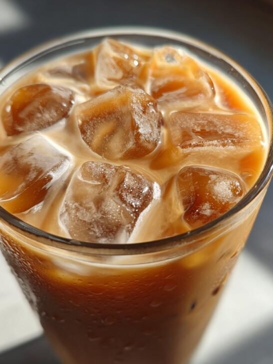 Close-up of a tall glass filled with a creamy Iced Chai Tea Latte and plenty of melting ice cubes.