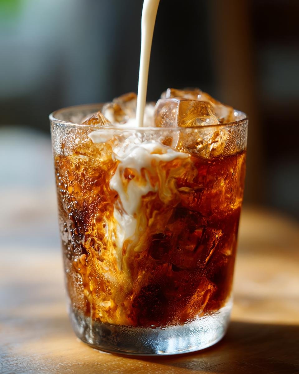 Close-up of cream swirling into a glass filled with ice and dark liquid for an Iced Chai Tea Latte.