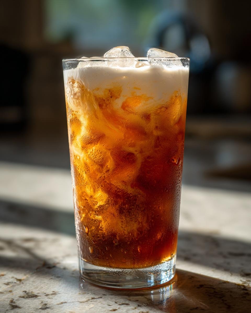 A tall glass of condensation-covered Iced Chai Tea Latte with ice cubes and a creamy white foam layer.