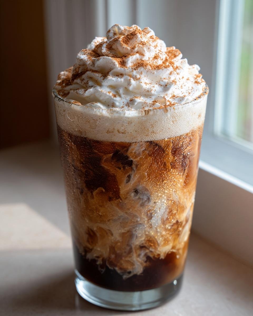 A tall glass of iced Gingerbread Chai Tea Mocktail with swirling cream and topped with whipped cream and cinnamon.