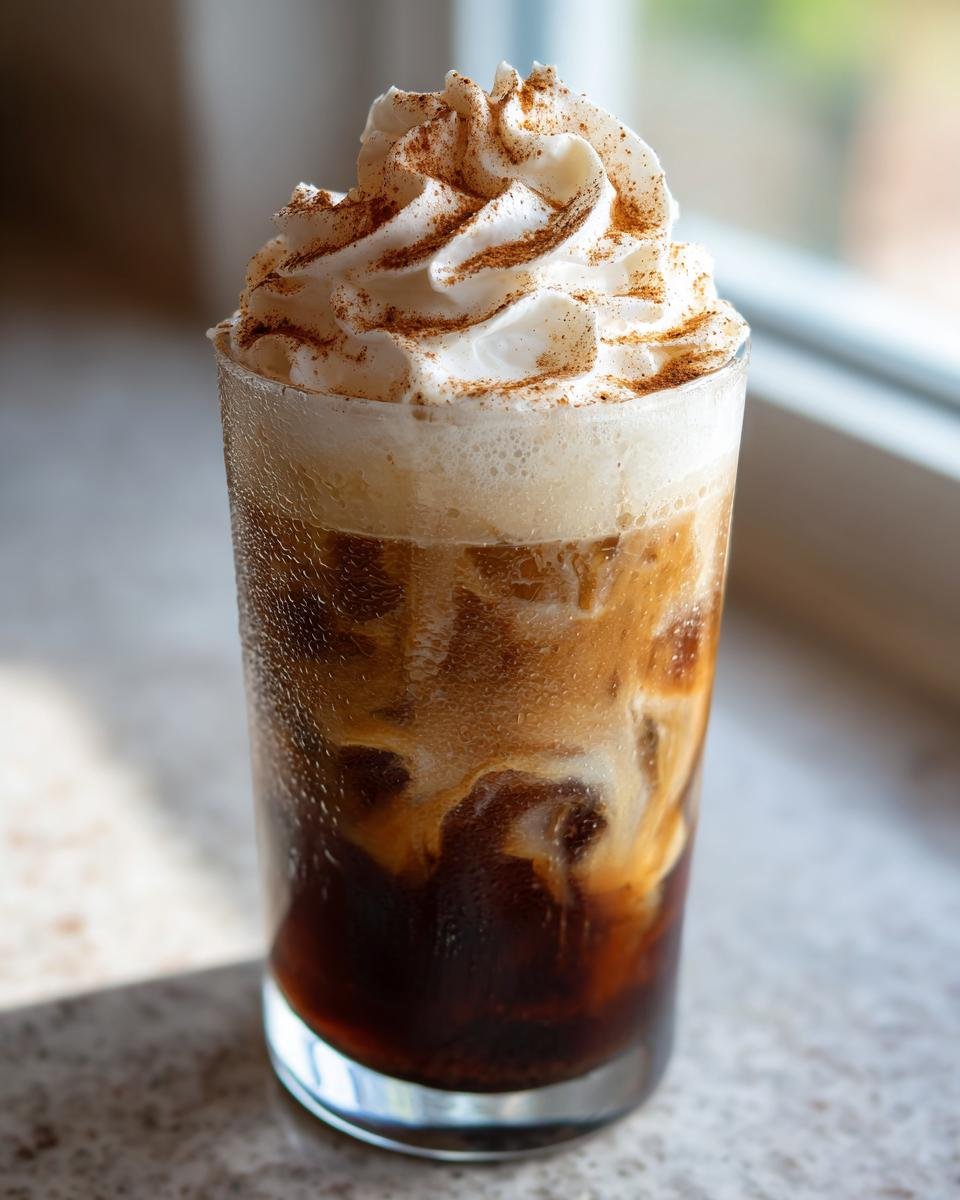 A tall glass of iced Gingerbread Chai Tea Mocktail with swirling cream and topped with whipped cream and cinnamon.