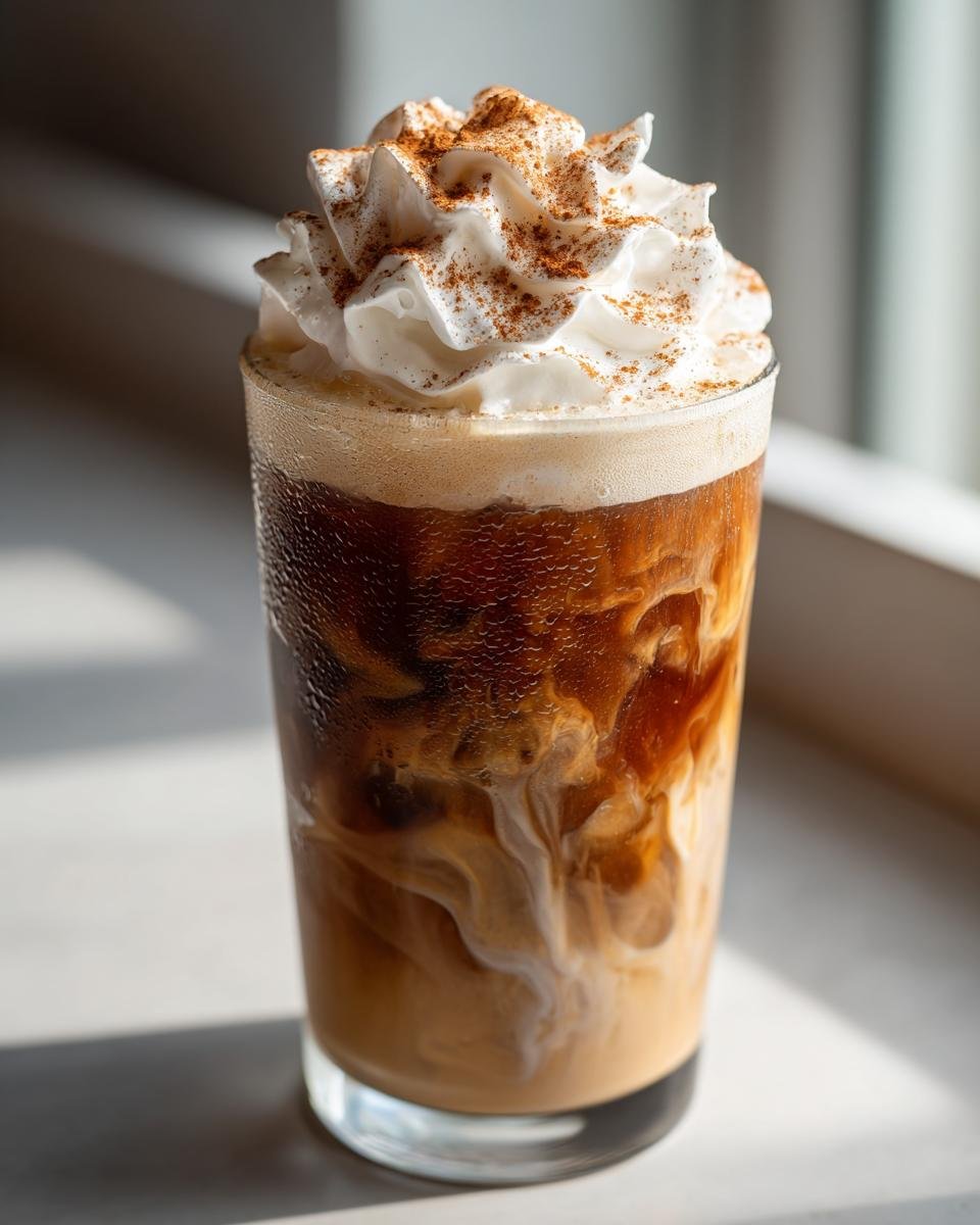 Close-up of an iced Gingerbread Chai Tea Mocktail topped with whipped cream and cinnamon.