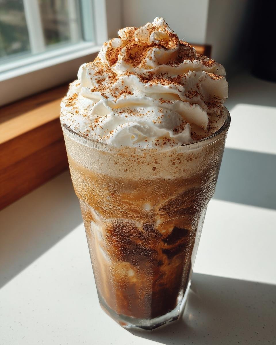 A tall glass filled with an iced Gingerbread Chai Tea Mocktail, topped high with whipped cream and a dusting of spice.