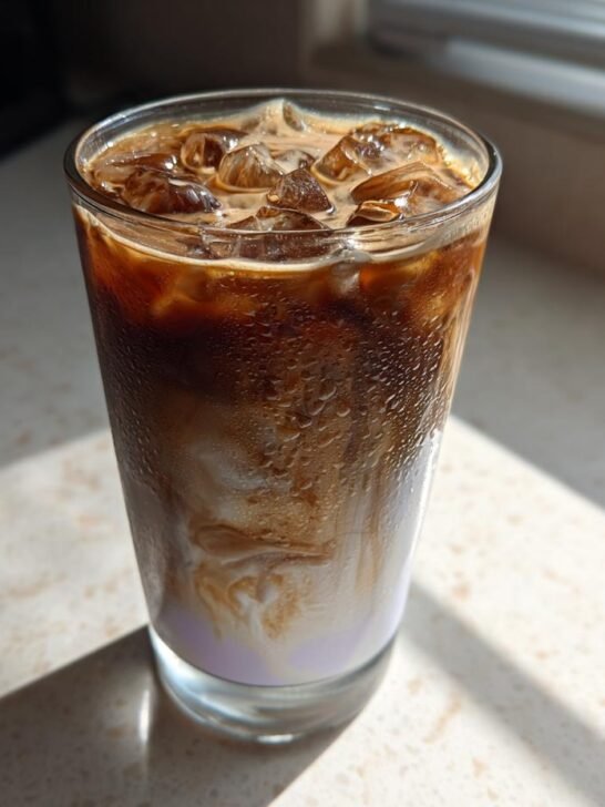 A tall glass showing the layers of an Iced Lavender Oatmilk Latte with ice cubes and condensation.
