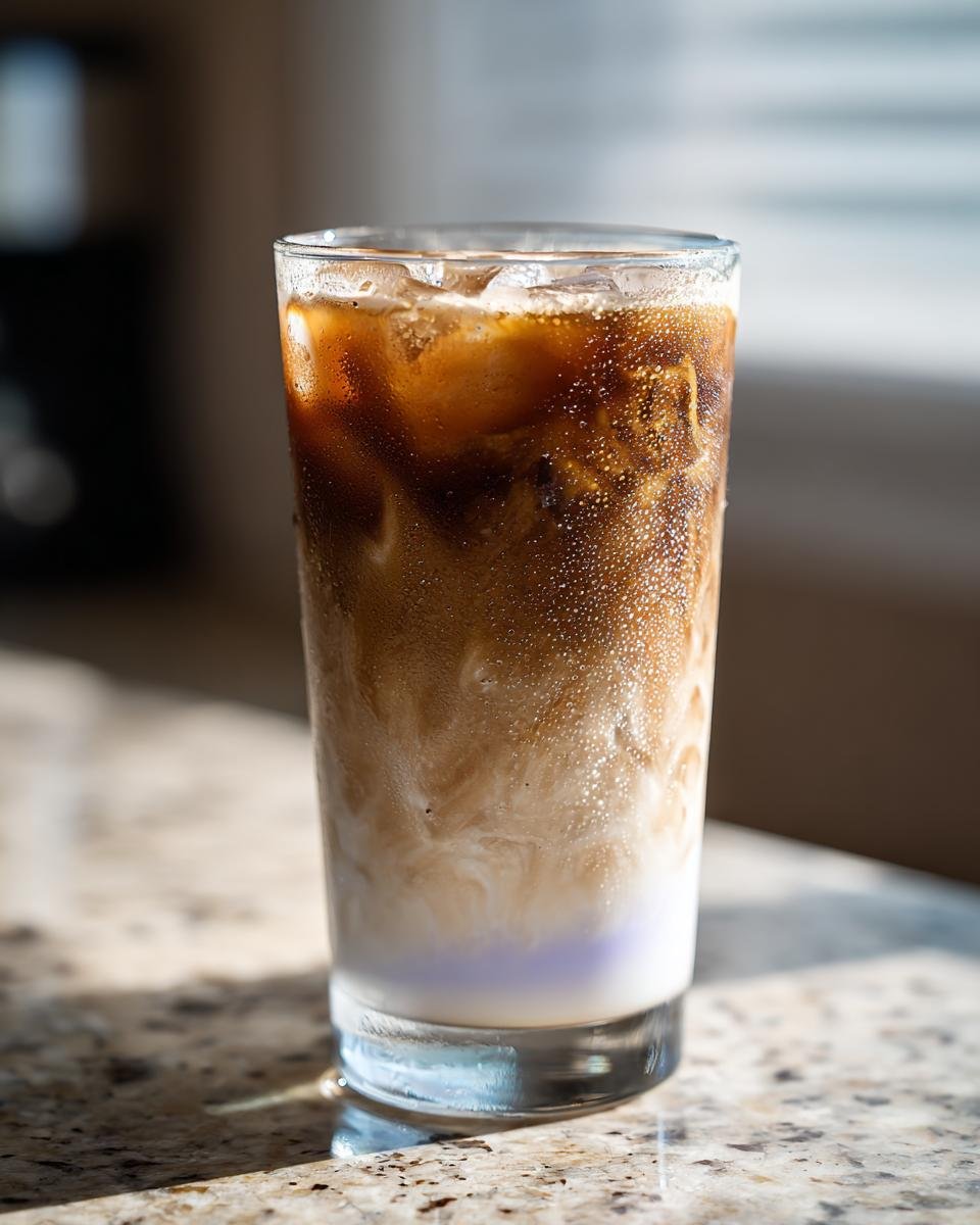 Close-up of an Iced Lavender Oatmilk Latte showing distinct layers of purple syrup, white oatmilk, and dark espresso over ice.