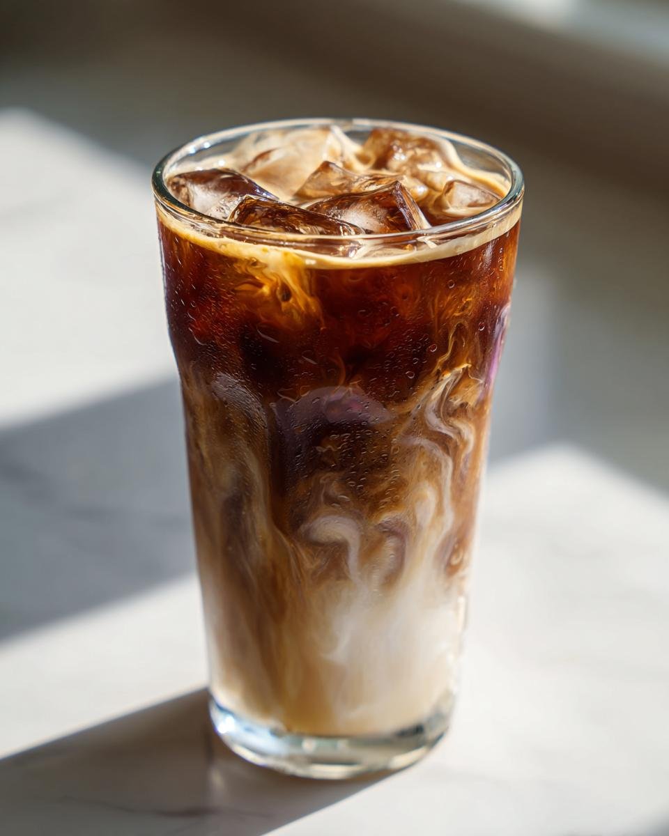 A tall glass filled with an Iced Lavender Oatmilk Latte showing swirls of dark coffee and white oatmilk over ice.
