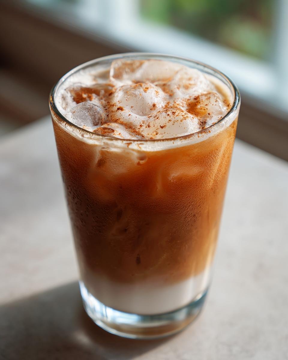 Close-up of a tall glass containing an Iced Maple Cinnamon Oat Latte with ice, layered milk, and cinnamon dusting on top.