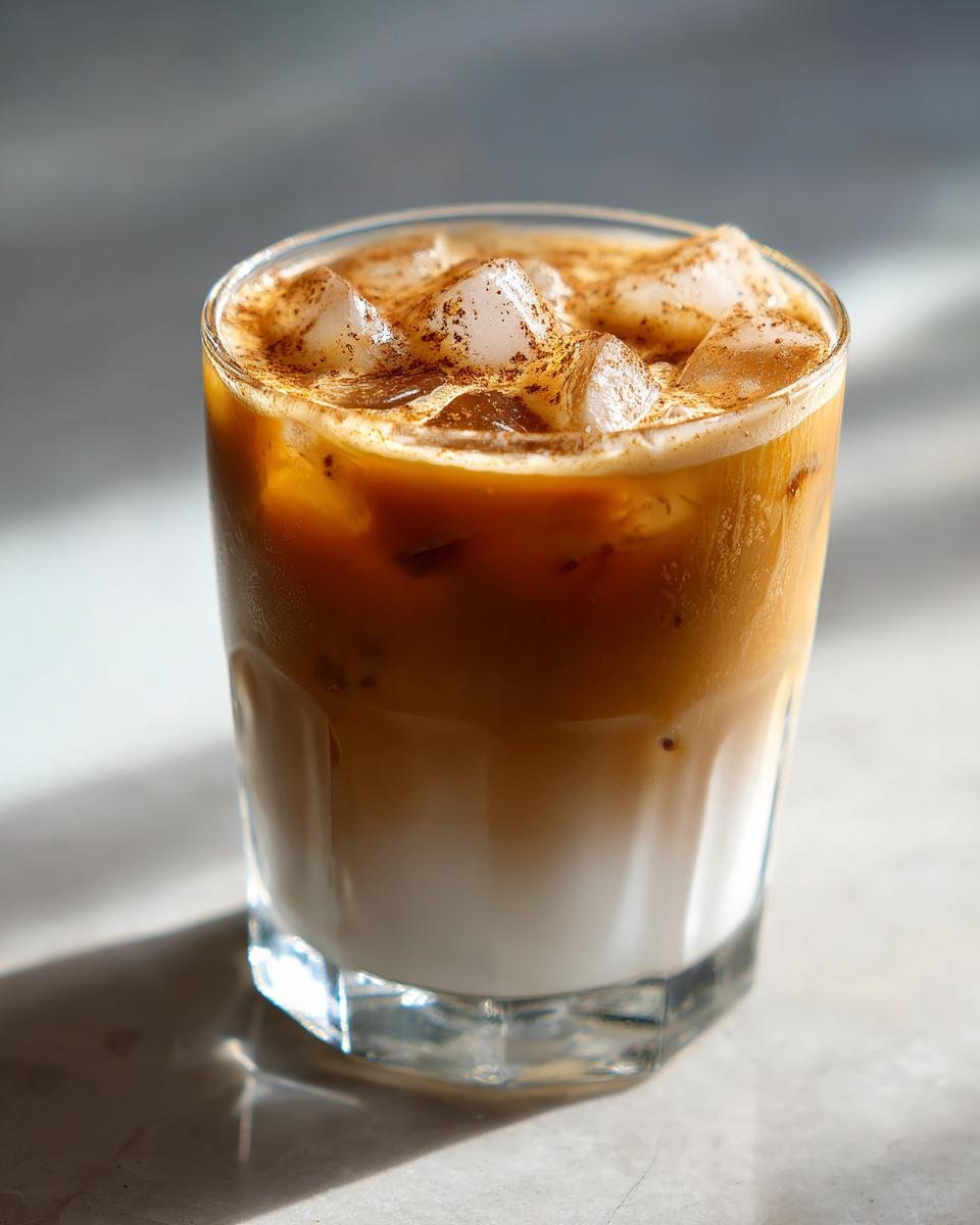 Close-up of a layered Iced Maple Cinnamon Oat Latte with ice cubes and a dusting of cinnamon on top.