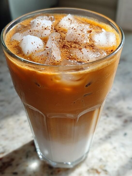 Close-up of a layered Iced Maple Cinnamon Oat Latte with ice cubes and a sprinkle of cinnamon on top.