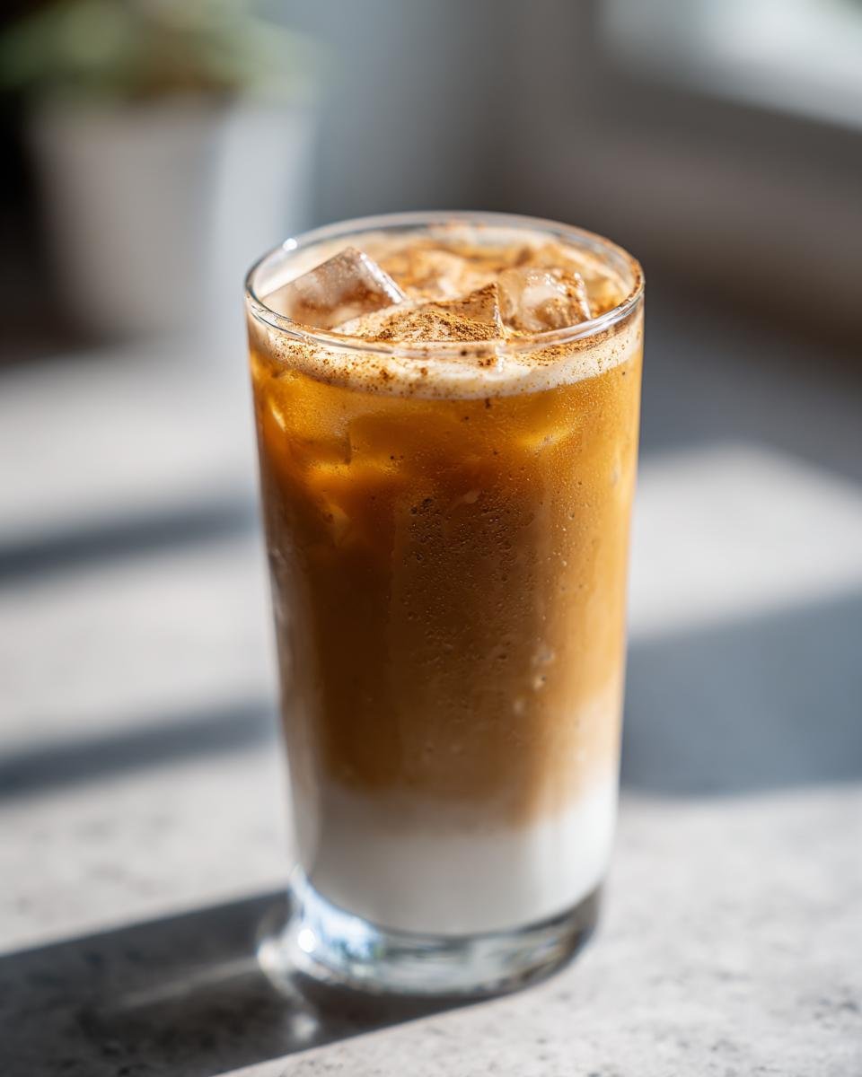 A tall glass of Iced Maple Cinnamon Oat Latte showing distinct layers of oat milk, coffee, and ice, topped with cinnamon.