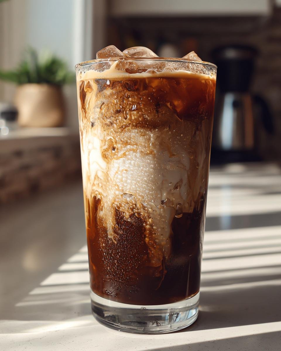 A tall glass filled with a layered Iced Mocha Latte showing dark coffee swirling with white milk over ice.