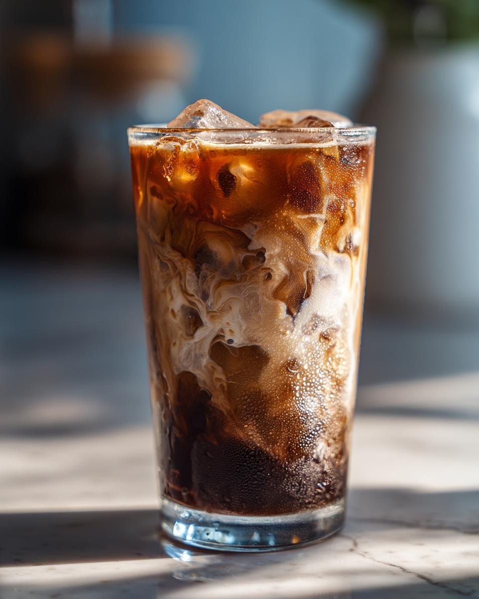 Close-up of a tall glass containing a layered Iced Mocha Latte with ice cubes and swirling milk.