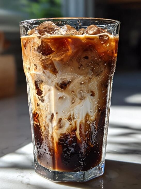Close-up of a tall glass filled with a beautiful Iced Mocha Latte, showing rich dark coffee swirling with white cream over ice cubes.