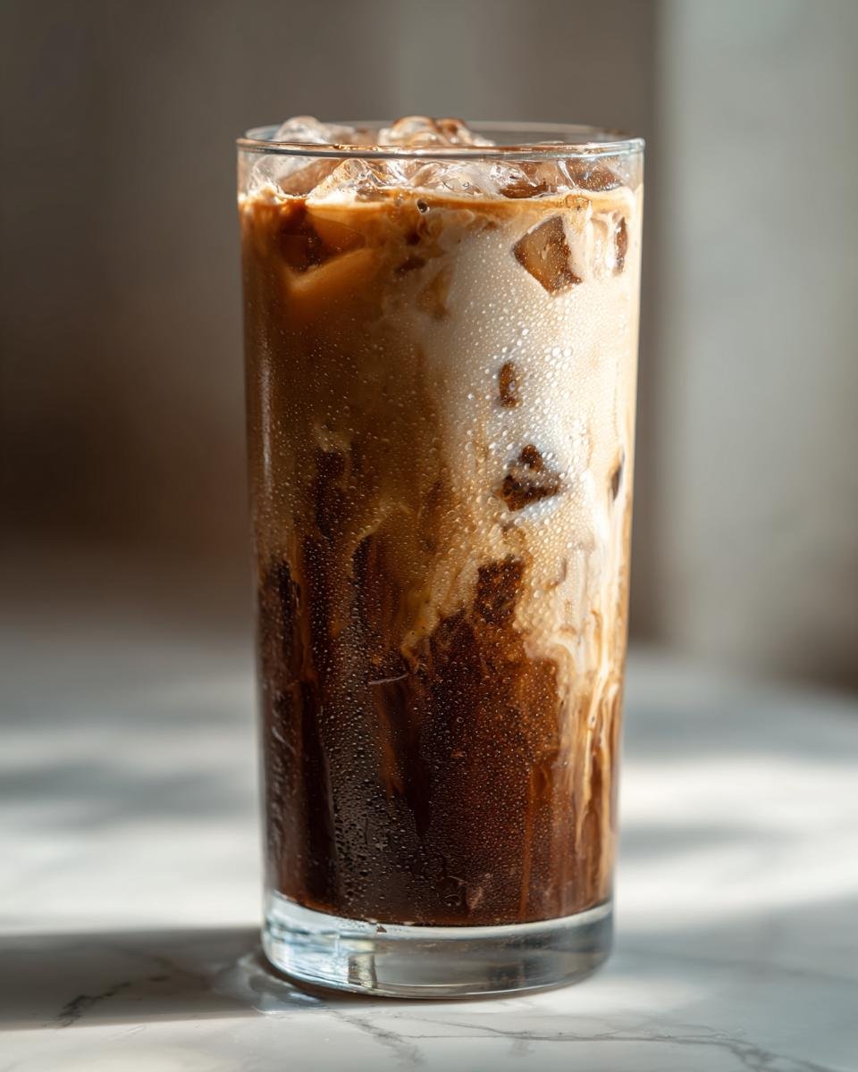 Close-up of a tall glass filled with a layered Iced Mocha Latte, ice cubes, and condensation droplets.