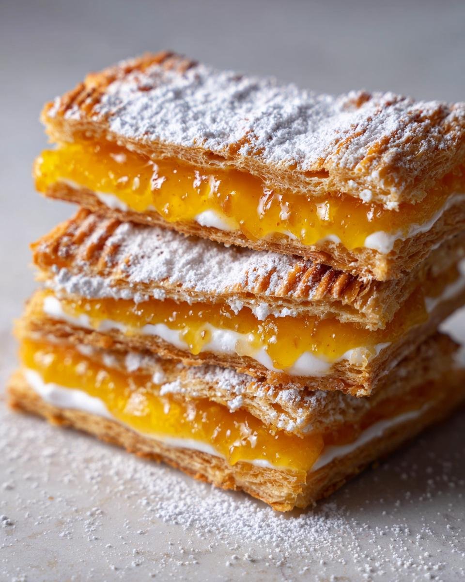 Stack of layered pastry squares filled with bright orange filling and cream, dusted with powdered sugar.