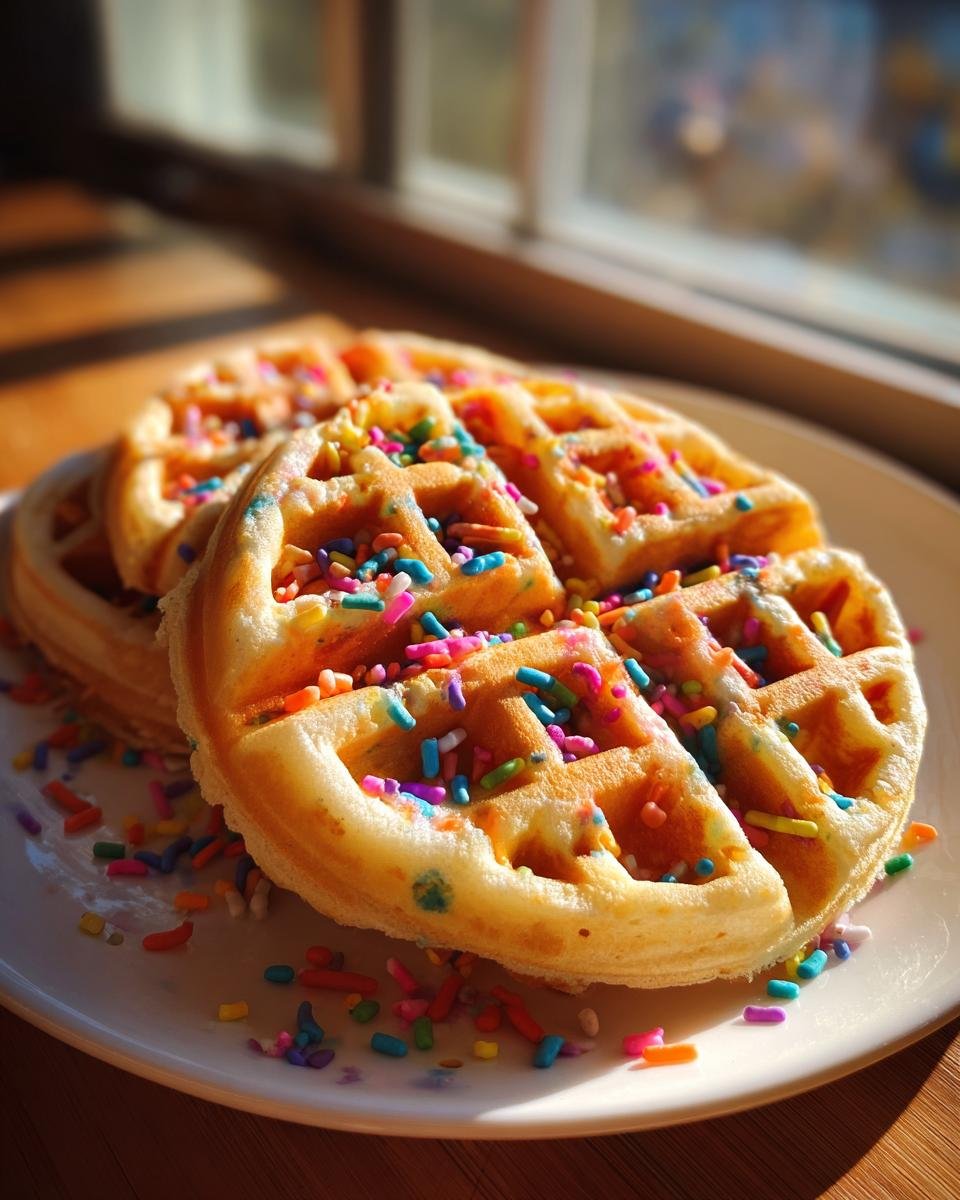 Close-up of Light Fluffy Funfetti Vegan Waffles topped with colorful sprinkles on a white plate.