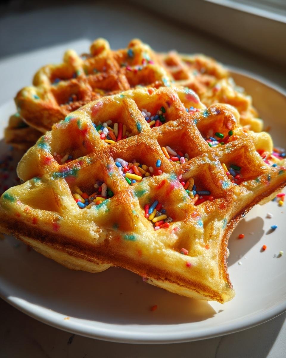 Close-up of golden brown Light Fluffy Funfetti Vegan Waffles topped with colorful sprinkles on a white plate.