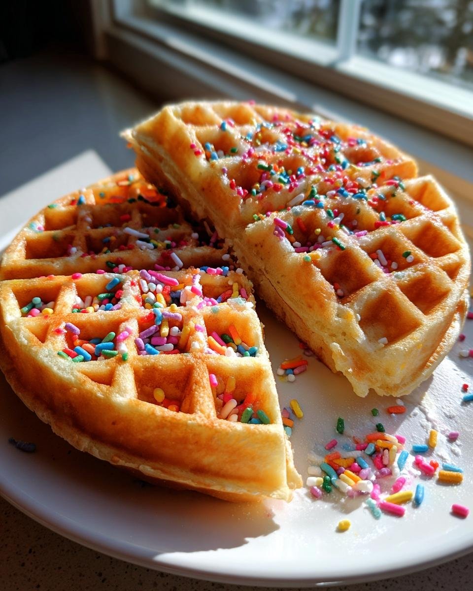Two halves of Light Fluffy Funfetti Vegan Waffles topped generously with colorful sprinkles on a white plate.
