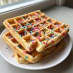 A stack of three Light Fluffy Funfetti Vegan Waffles topped generously with colorful sprinkles, served on a white plate.