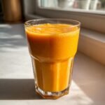 A vibrant orange Mango Ginger Turmeric Smoothie served in a tall, faceted glass, catching bright sunlight.