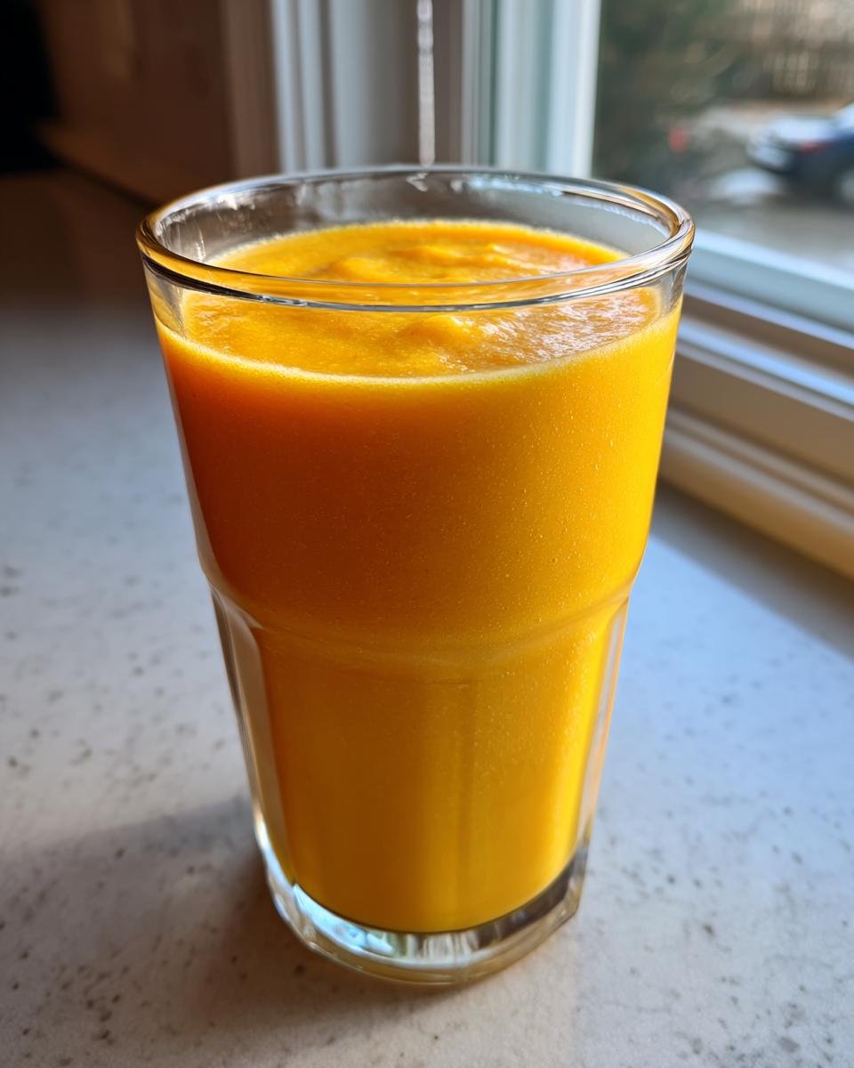 A vibrant, thick Mango Ginger Turmeric Smoothie served in a clear glass on a countertop near a window.