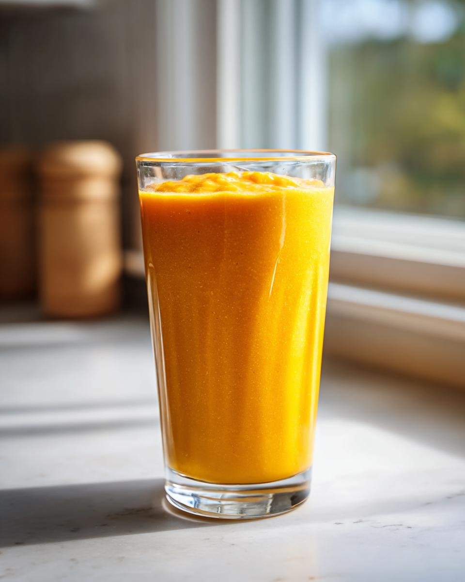 A vibrant, thick Mango Ginger Turmeric Smoothie served in a tall glass on a sunny countertop.
