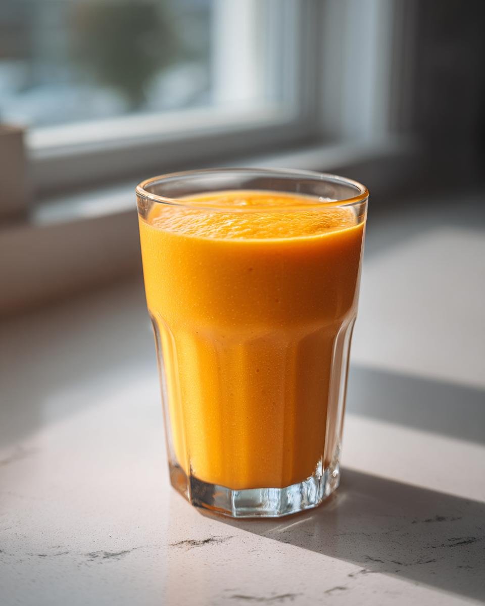 A vibrant, orange Mango Ginger Turmeric Smoothie served in a clear glass on a sunlit countertop.