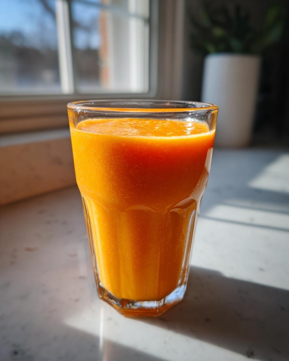 A vibrant orange Mango Ginger Turmeric Smoothie served in a tall, faceted glass on a sunlit countertop.
