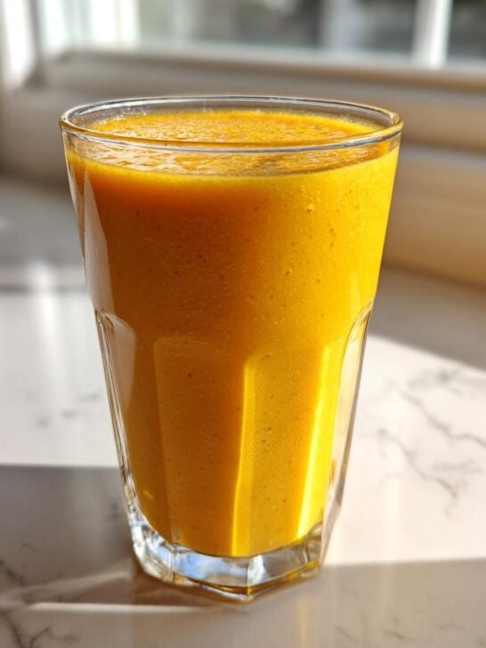 A tall glass filled with a bright orange Mango Ginger Turmeric Smoothie sitting on a marble counter near a window.