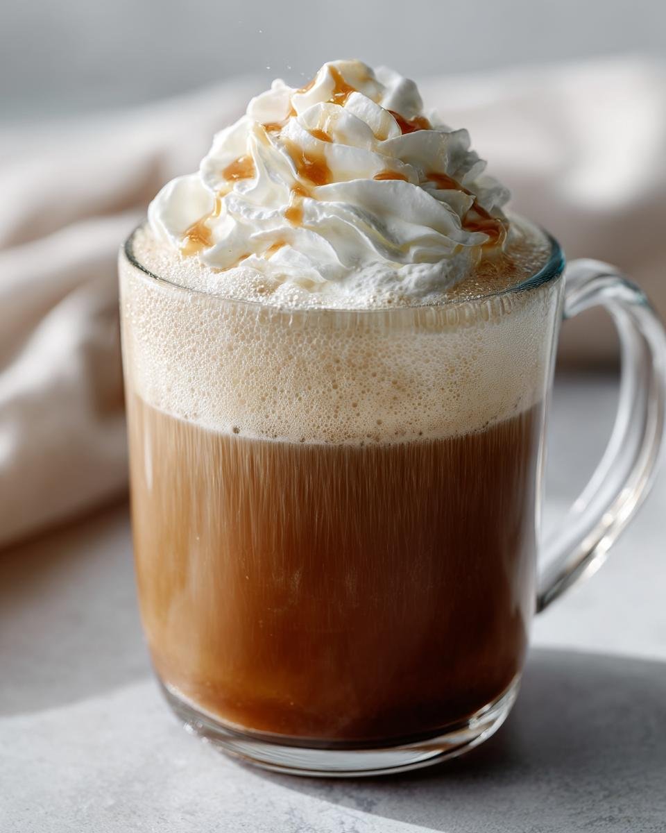 A clear glass mug filled with a rich Maple Brown Sugar Latte, topped with foam, whipped cream, and caramel drizzle.