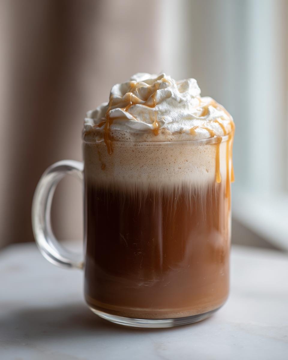 A tall glass mug filled with a Maple Brown Sugar Latte, topped with foam, whipped cream, and caramel drizzle.