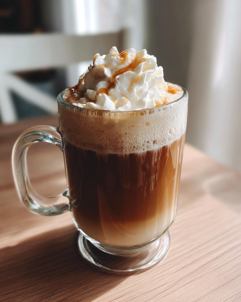 A layered Maple Brown Sugar Latte topped with foam, whipped cream, and caramel drizzle in a clear glass mug.
