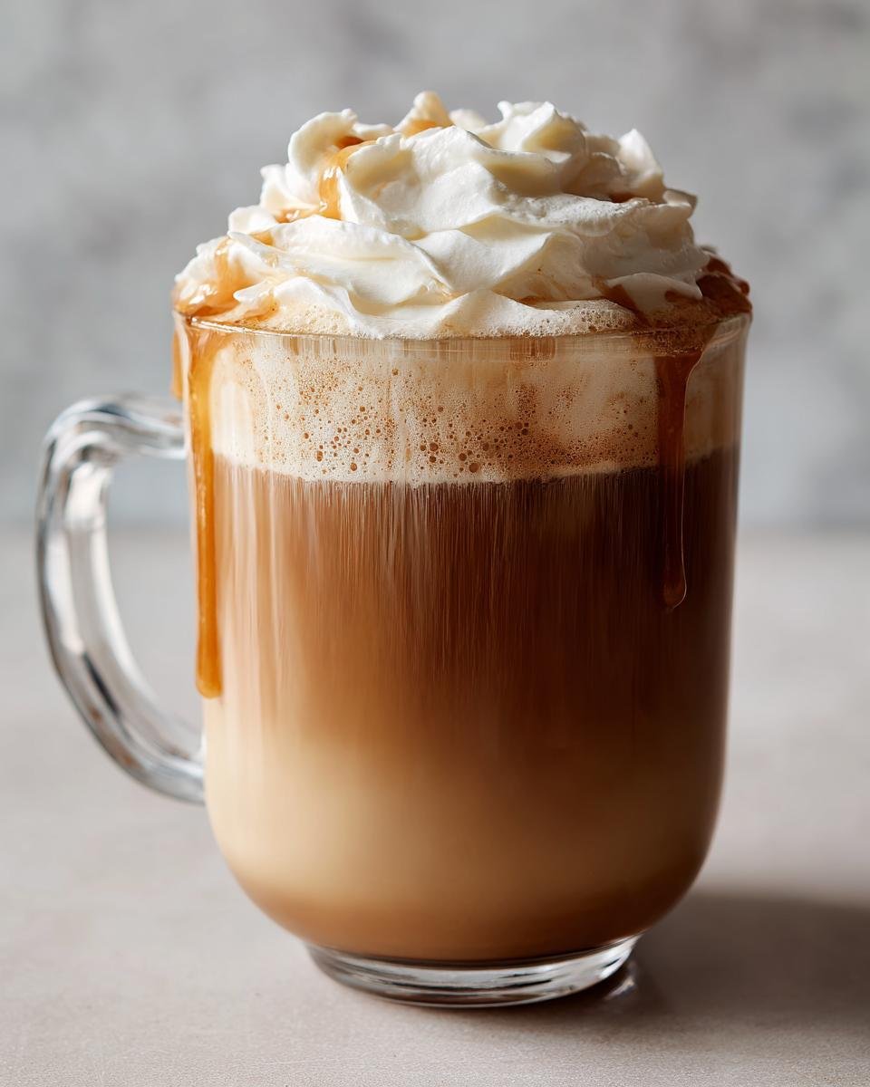 A clear glass mug filled with a layered Maple Brown Sugar Latte, topped with whipped cream and caramel drizzle.