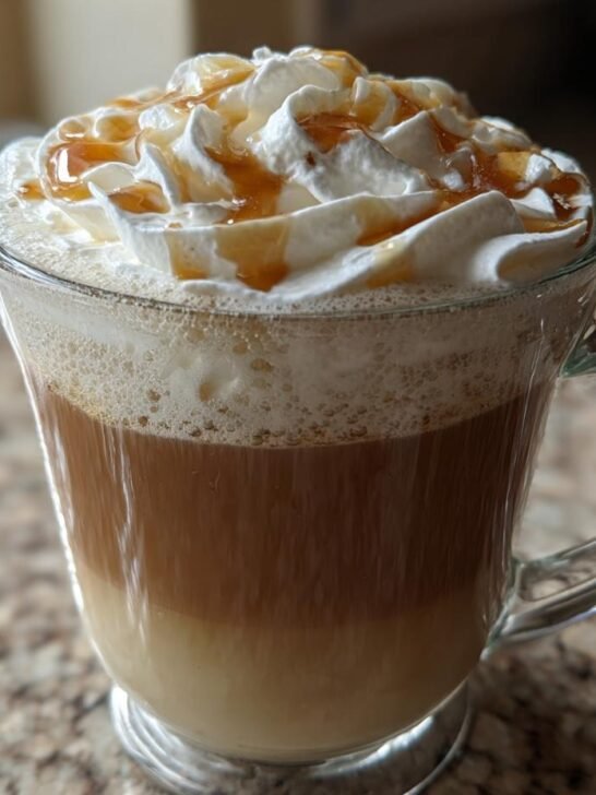 A layered Maple Brown Sugar Latte in a clear glass mug, topped with whipped cream and caramel drizzle.