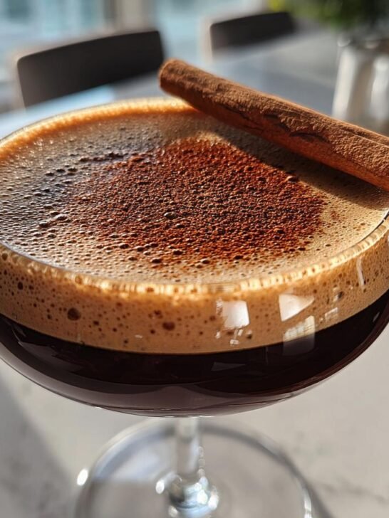 Close-up of a Maple Cinnamon Espresso Martini Mocktail topped with foam, cocoa powder, and a cinnamon stick garnish.