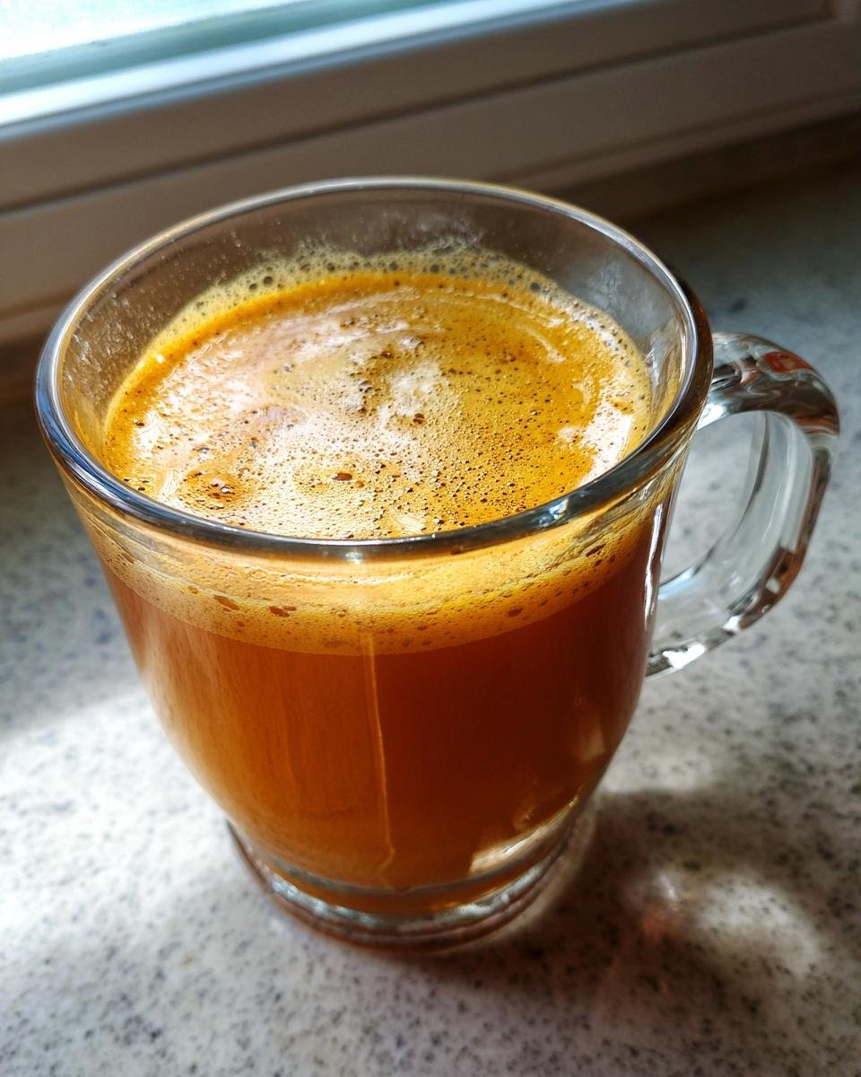 Close-up of a warm Maple Cinnamon Hot Buttered Rum Mocktail with a frothy top in a clear glass mug.