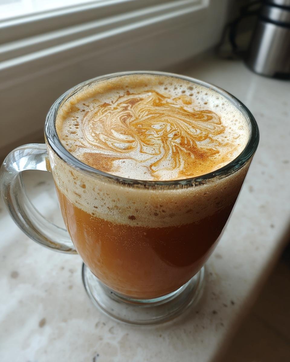 Close-up of a Maple Cinnamon Hot Buttered Rum Mocktail with frothy topping swirled with cinnamon.